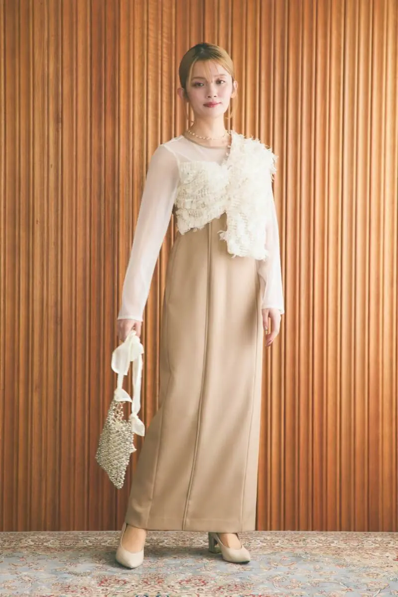 ベージュのフリンジグリッターノットドレス | ANDRESD | M | 結婚式