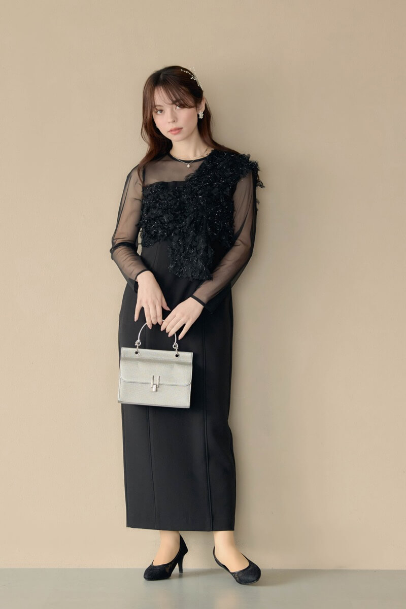 ブラックのフリンジグリッターノットドレスの商品画像10