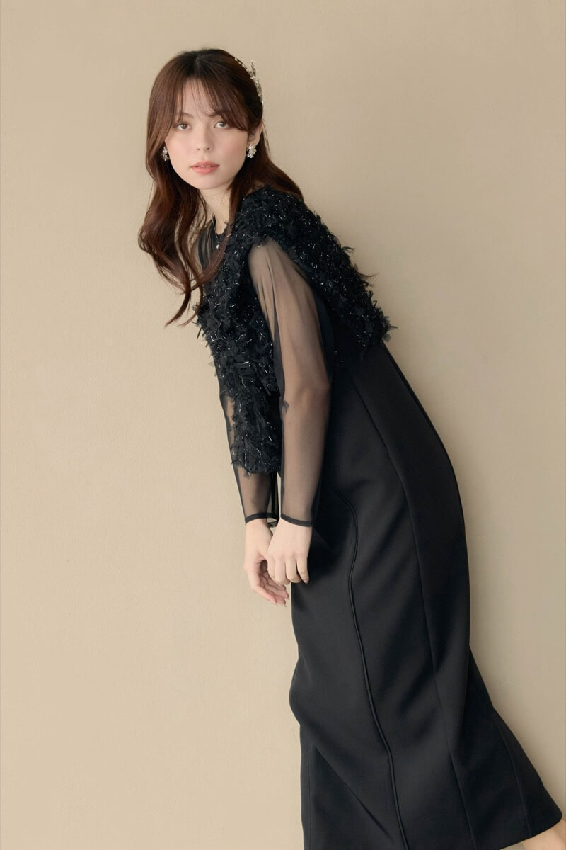 ブラックのフリンジグリッターノットドレスの商品画像11