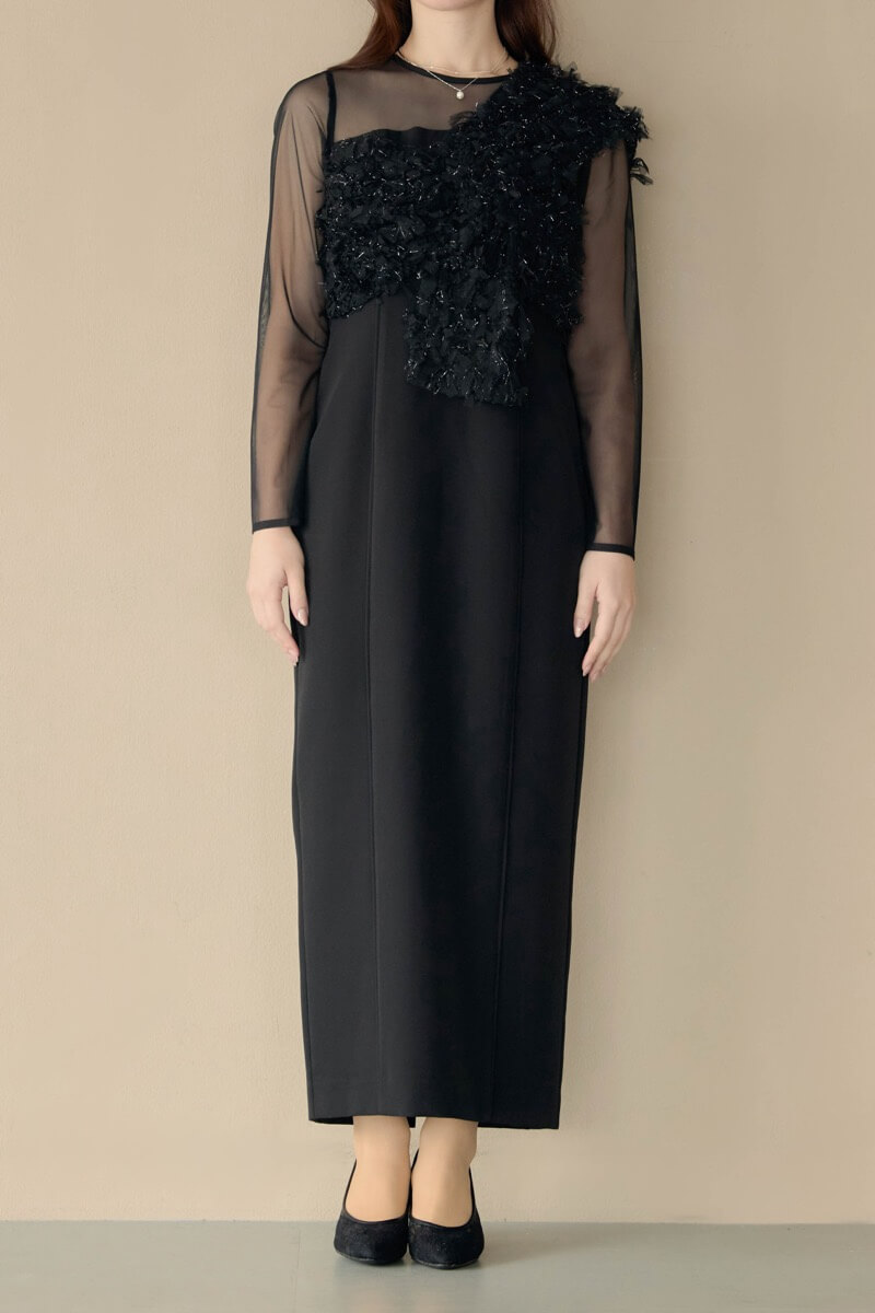 ブラックのフリンジグリッターノットドレスの商品画像12