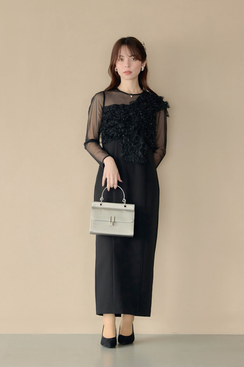 ブラックのフリンジグリッターノットドレスの商品画像8