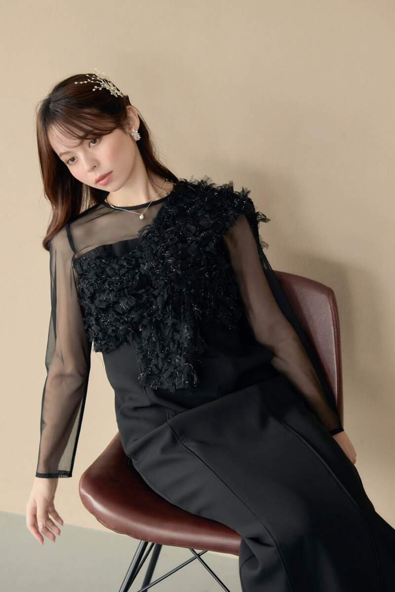 ブラックのフリンジグリッターノットドレスの商品画像9