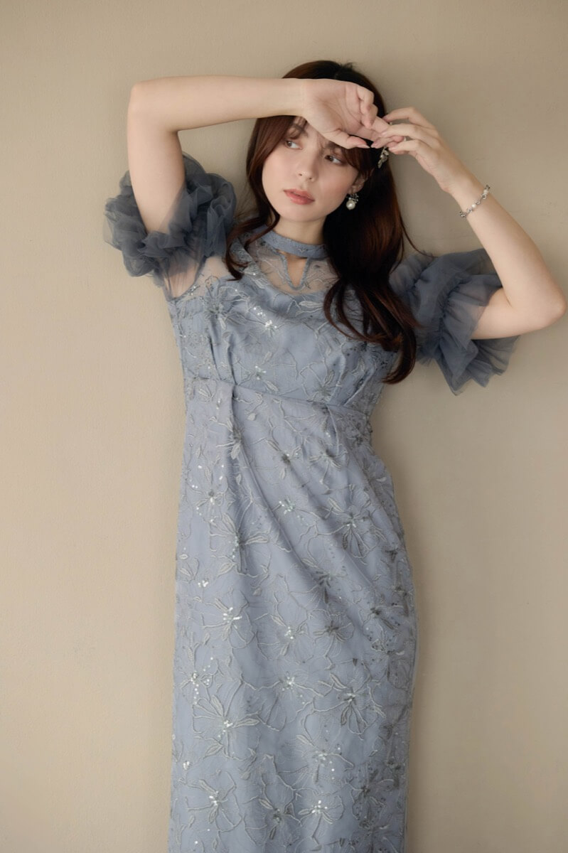 ブルーグレーのスパンコール刺繍レースドレス | ANDRESD | M | 結婚式