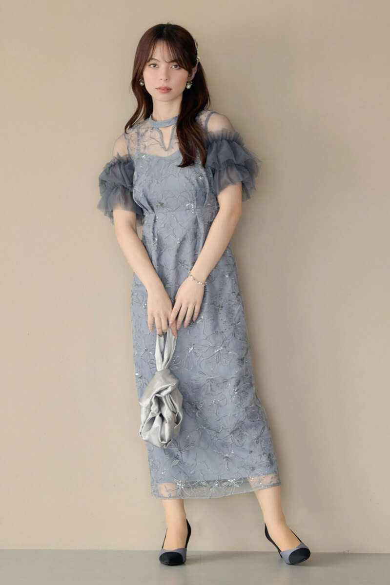 ブルーグレーのスパンコール刺繍レースドレス | ANDRESD | M | 結婚式