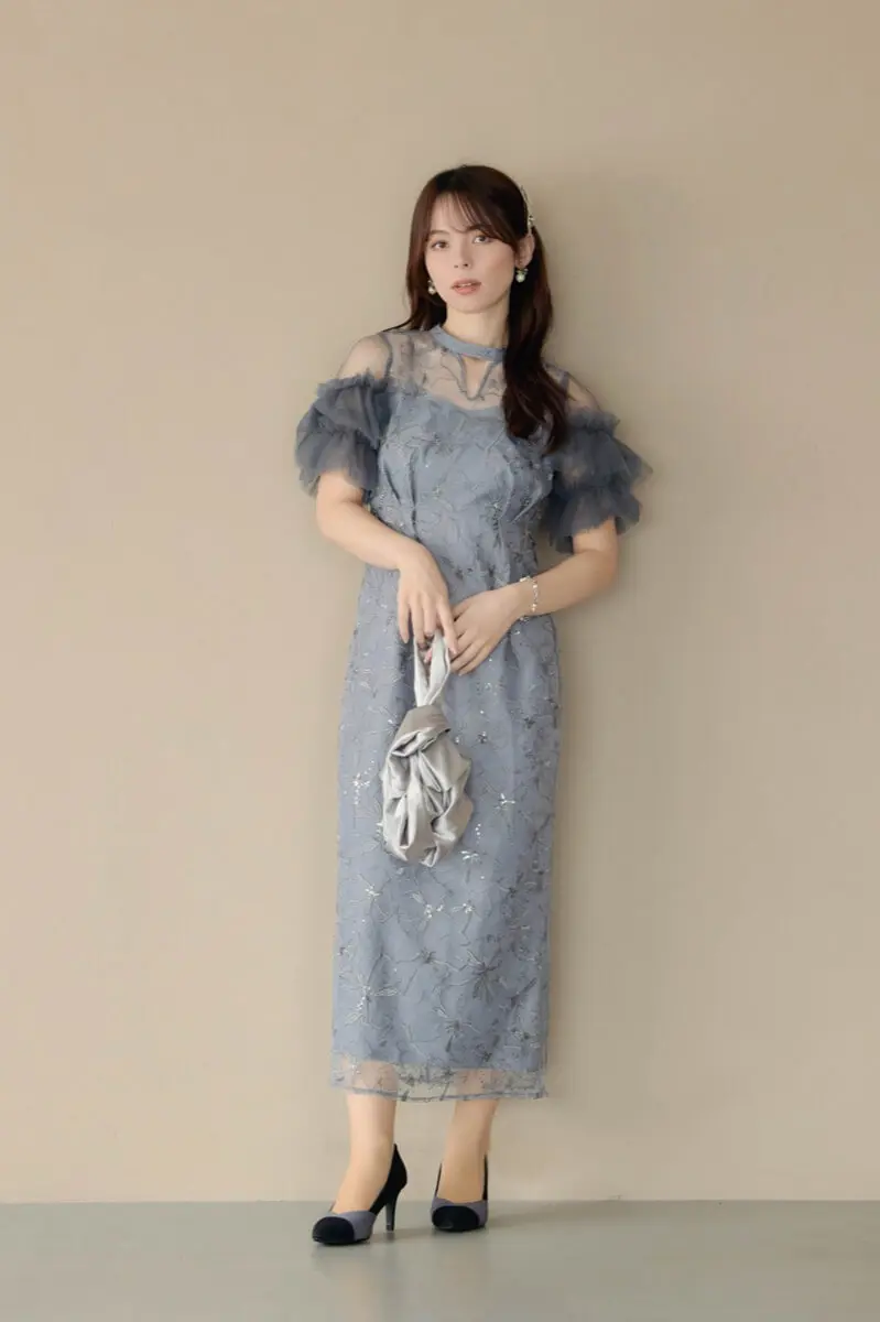 ブルーグレーのスパンコール刺繍レースドレス | ANDRESD | M | 結婚式