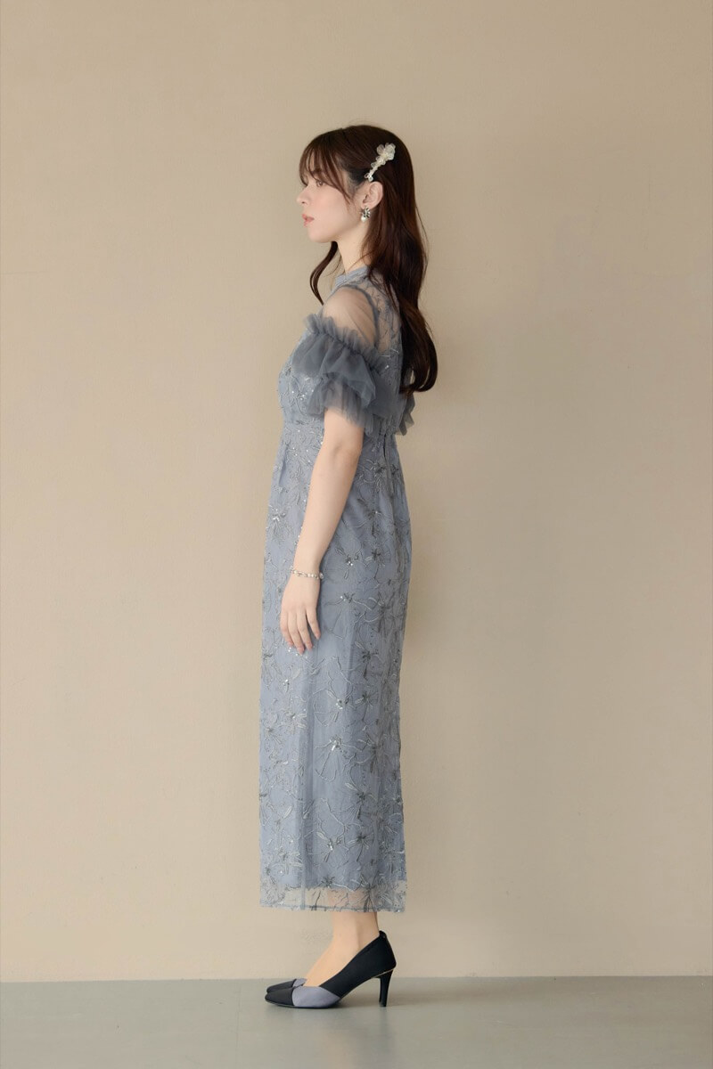ブルーグレーのスパンコール刺繍レースドレスの商品画像3