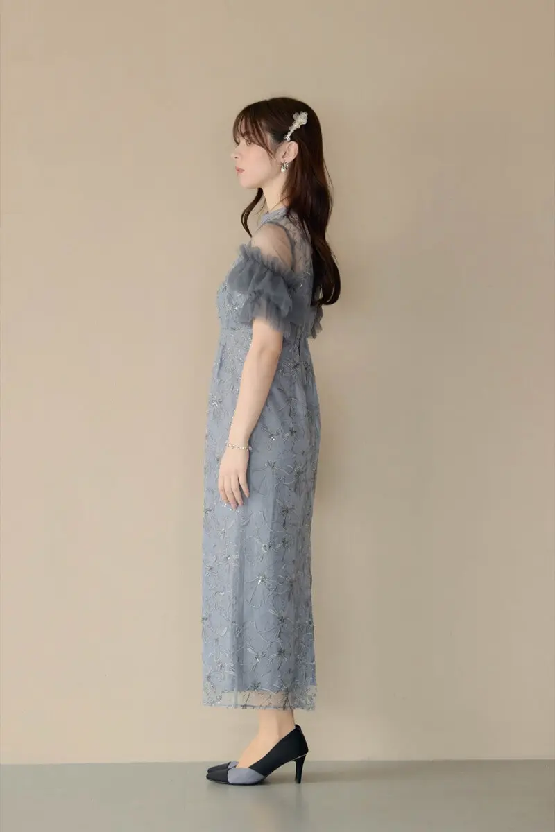 ブルーグレーのスパンコール刺繍レースドレス | ANDRESD | M | 結婚式