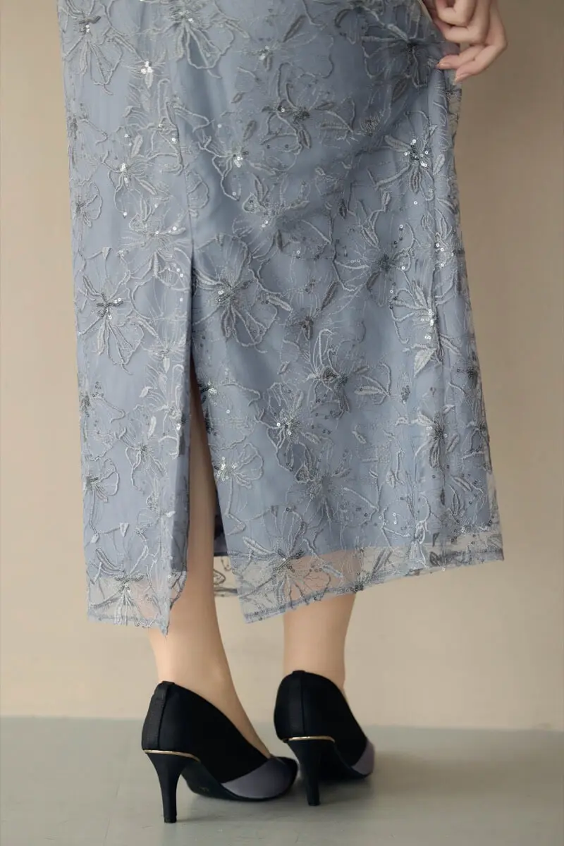 ブルーグレーのスパンコール刺繍レースドレス | ANDRESD | M | 結婚式