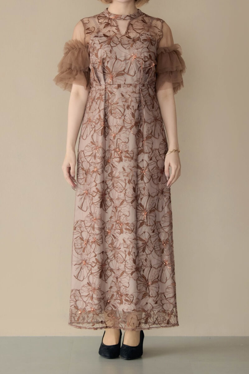 ブラウンのスパンコール刺繍レースドレスの商品画像10