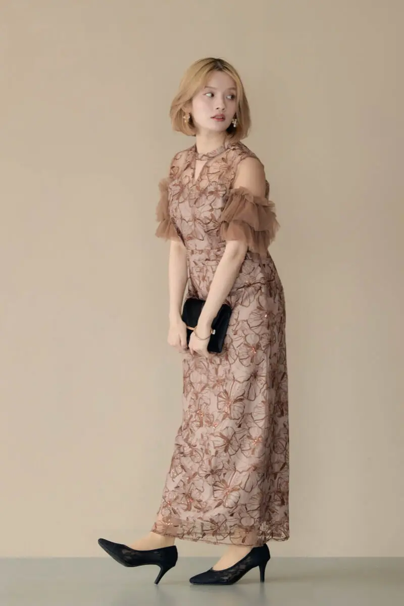 ブラウンのスパンコール刺繍レースドレス | ANDRESD | M | 結婚式