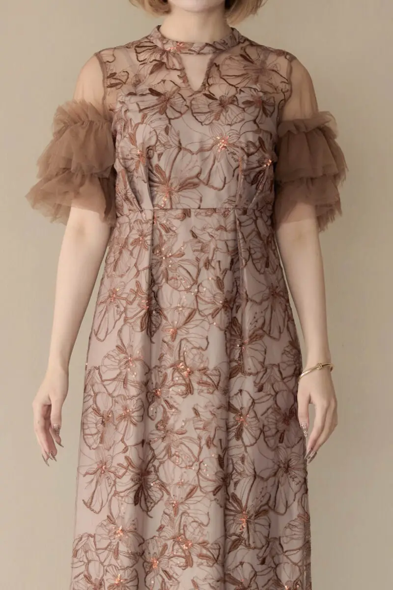 ブラウンのスパンコール刺繍レースドレス | ANDRESD | M | 結婚式