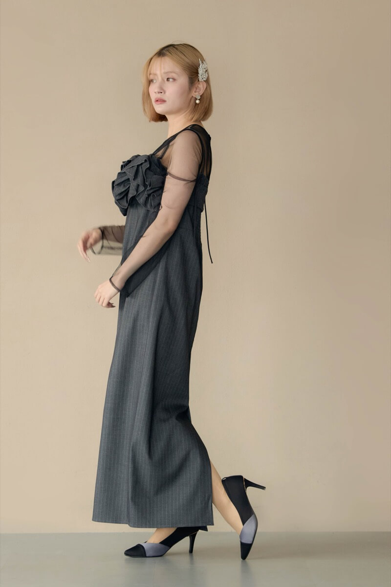 グレーのフリルビスチェストライプドレス | LE' RURE | M | 結婚式