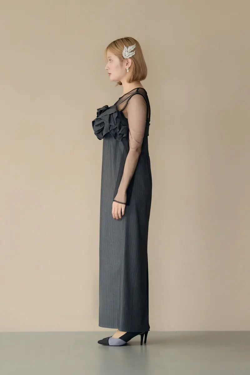 グレーのフリルビスチェストライプドレス | LE' RURE | M | 結婚式