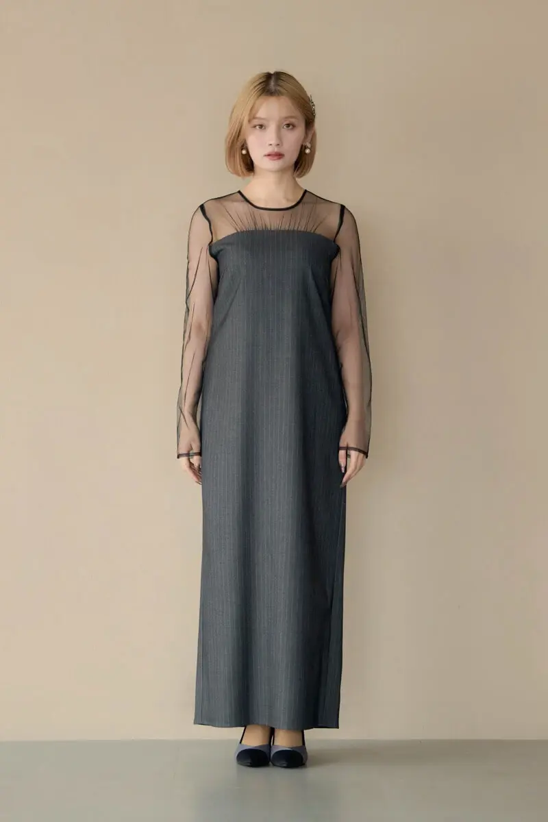 グレーのフリルビスチェストライプドレス | LE' RURE | M | 結婚式