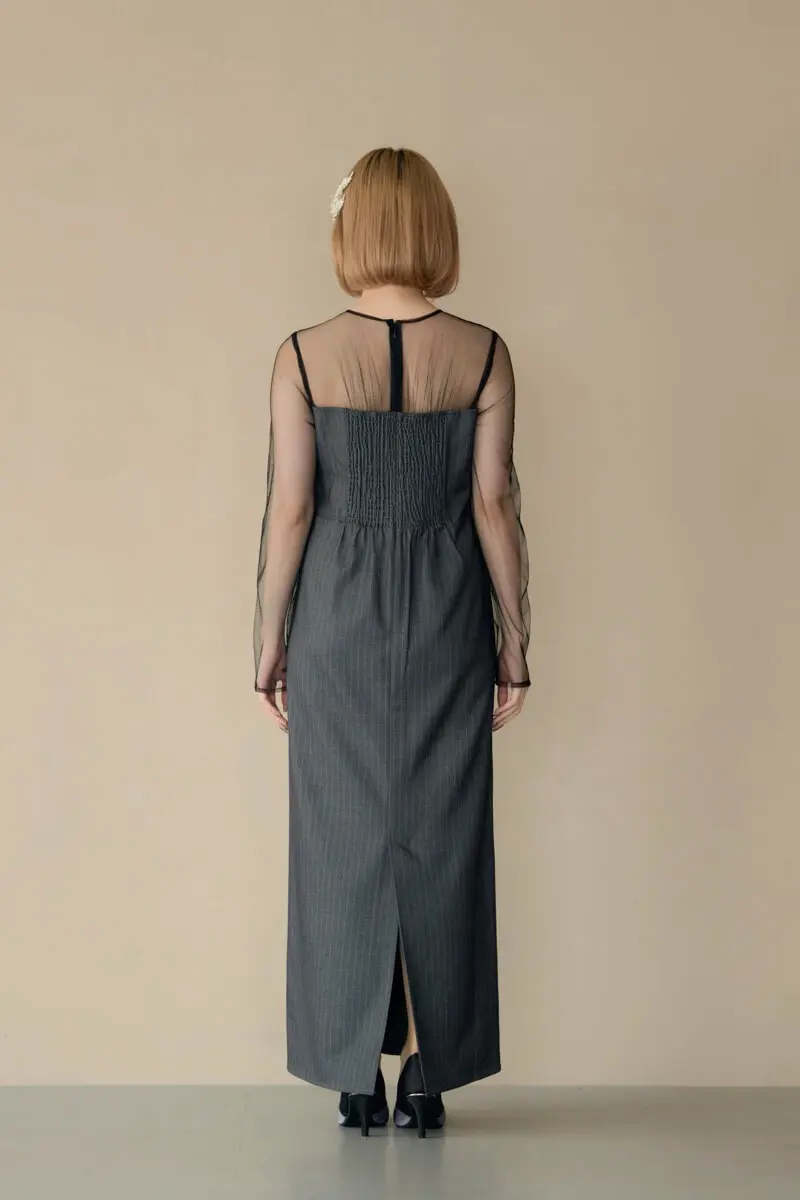 グレーのフリルビスチェストライプドレス | LE' RURE | M | 結婚式