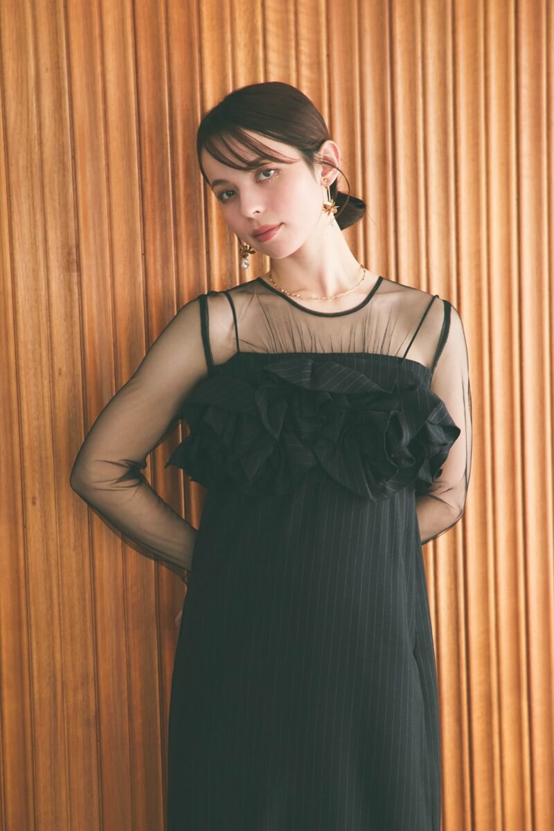 ブラックのフリルビスチェストライプドレス | LE' RURE | M | 結婚式