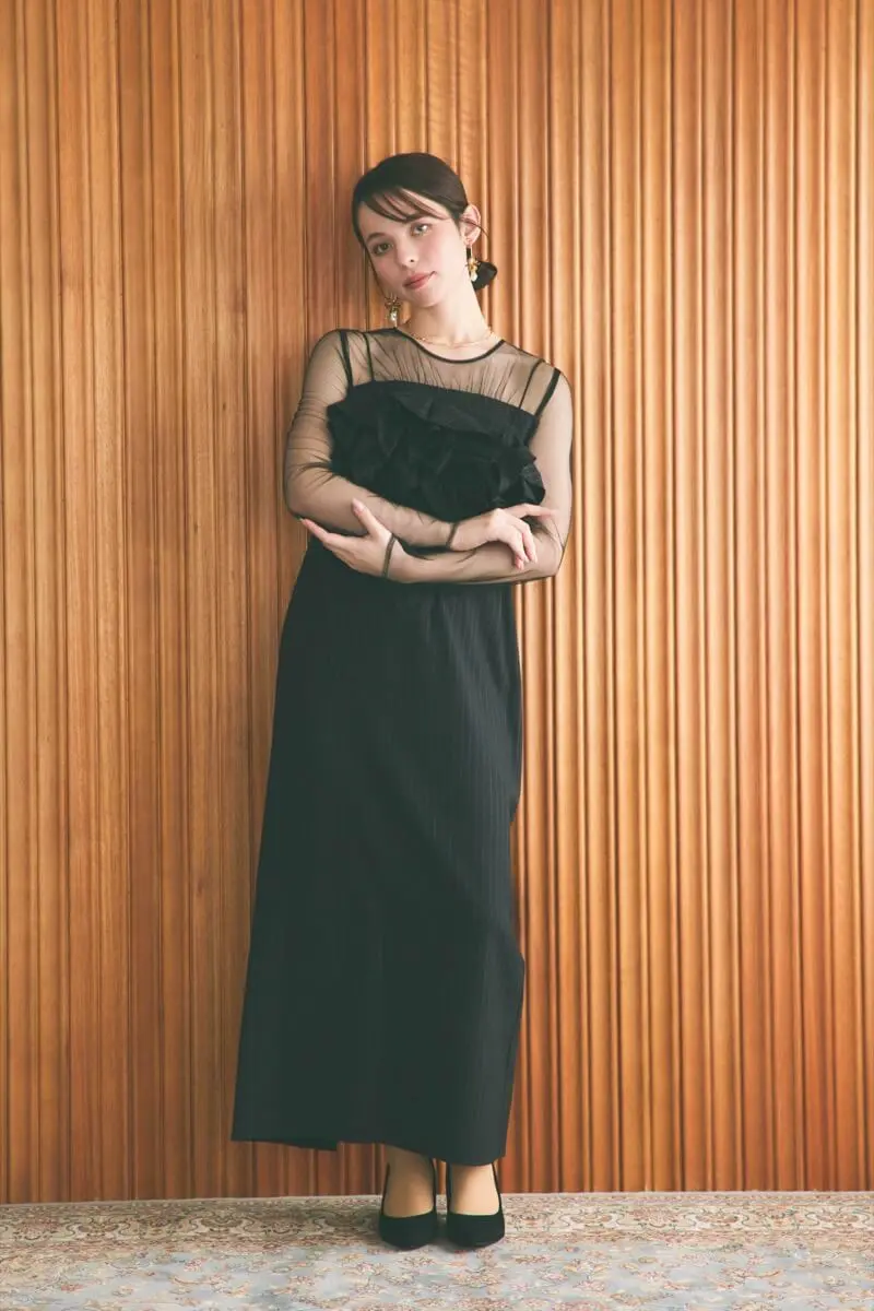 ブラックのフリルビスチェストライプドレス | LE' RURE | M | 結婚式