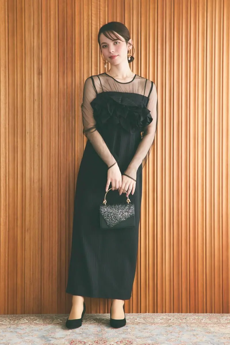 ブラックのフリルビスチェストライプドレス | LE' RURE | M | 結婚式