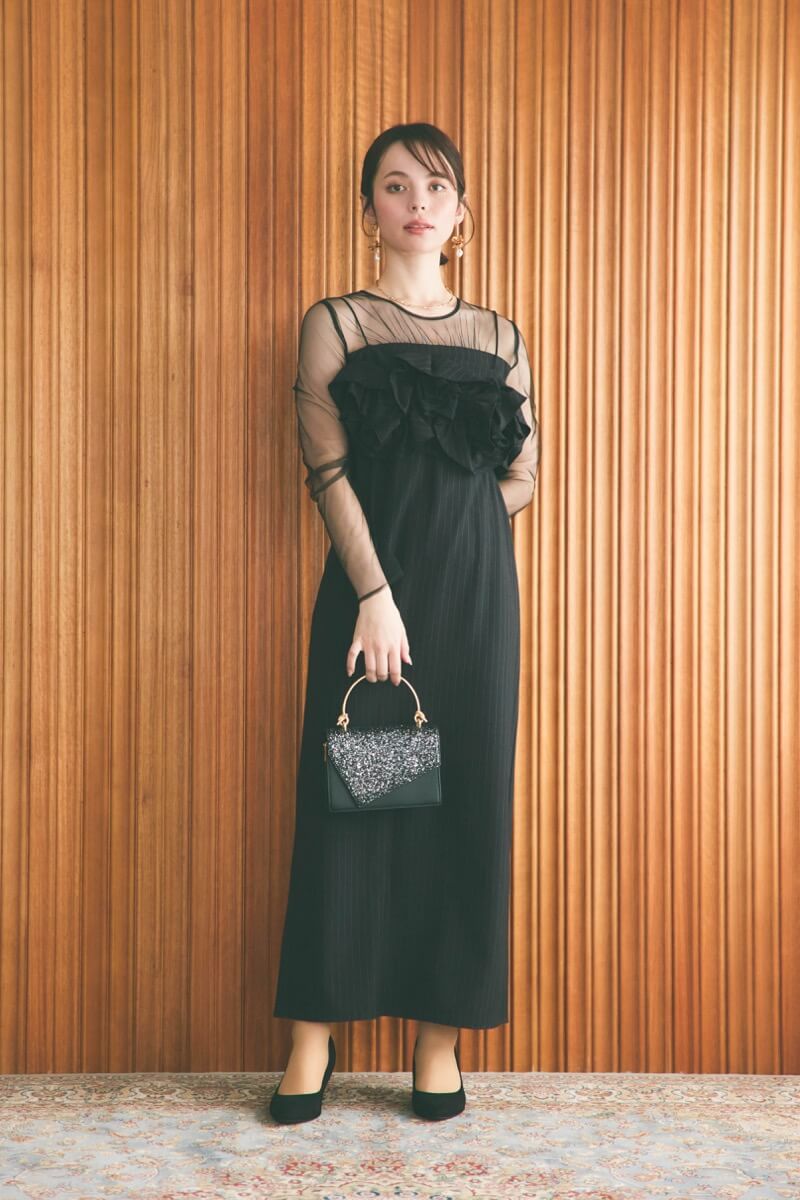 ブラックのフリルビスチェストライプドレス | LE' RURE | M | 結婚式