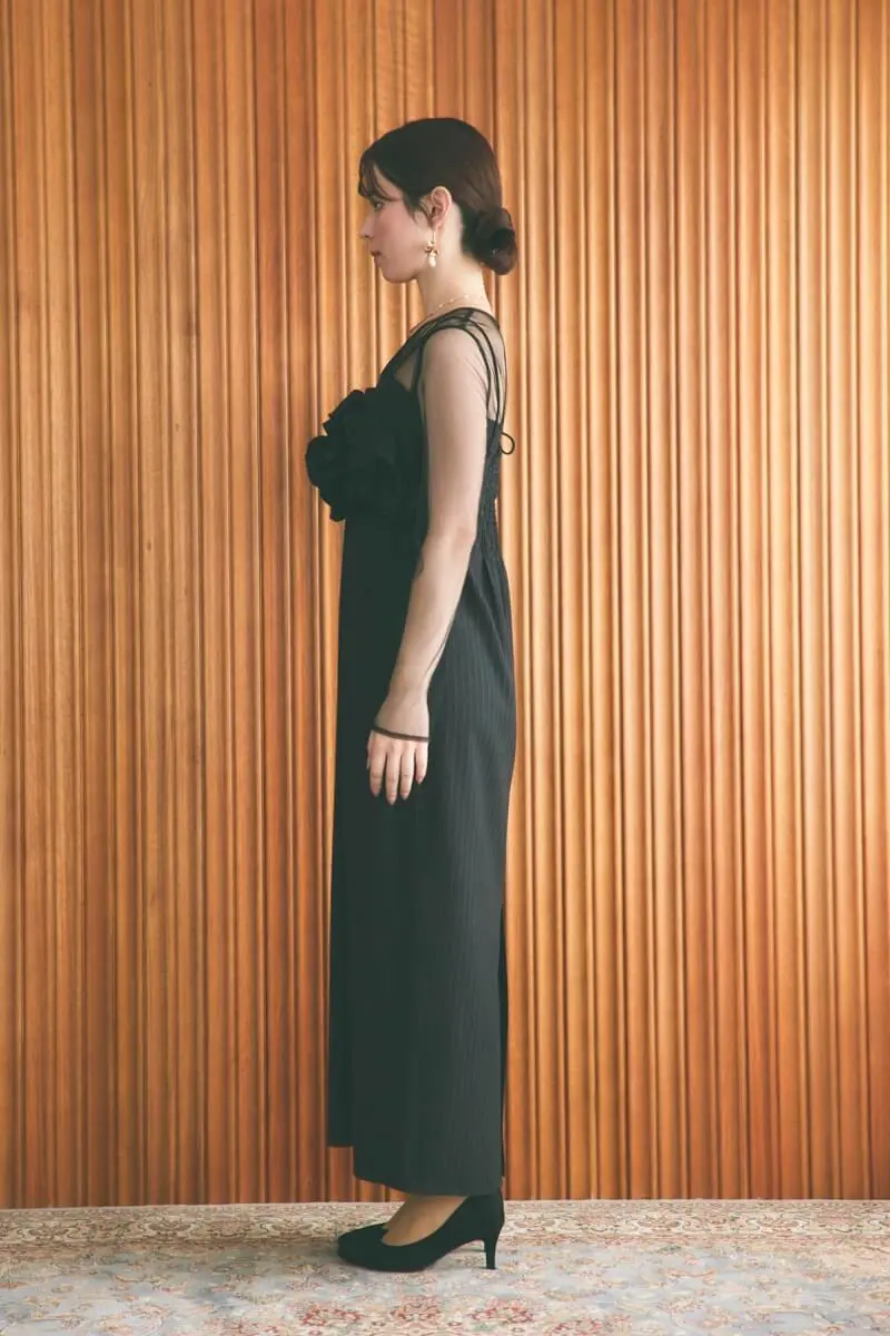 ブラックのフリルビスチェストライプドレス | LE' RURE | M | 結婚式