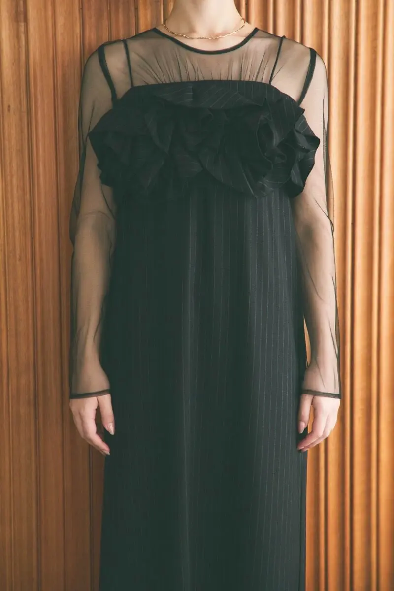 ブラックのフリルビスチェストライプドレス | LE' RURE | M | 結婚式
