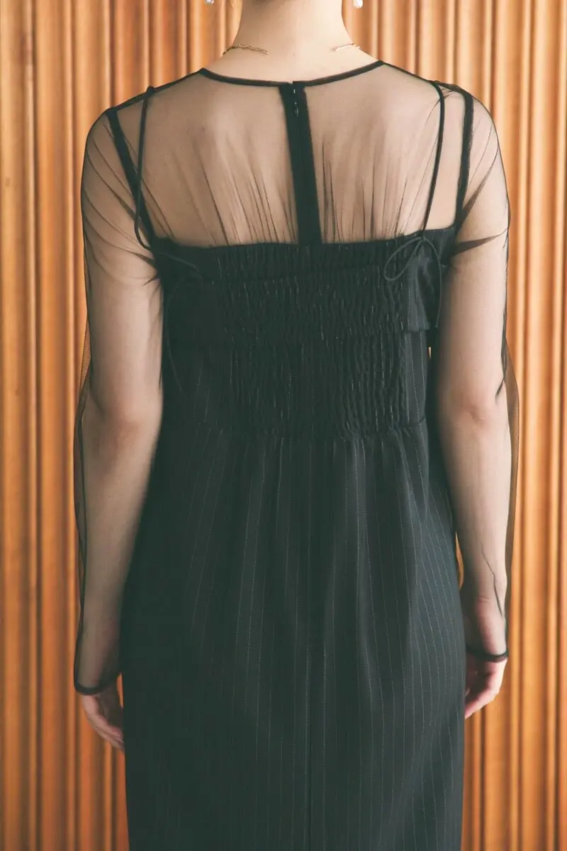 ブラックのフリルビスチェストライプドレス | LE' RURE | M | 結婚式