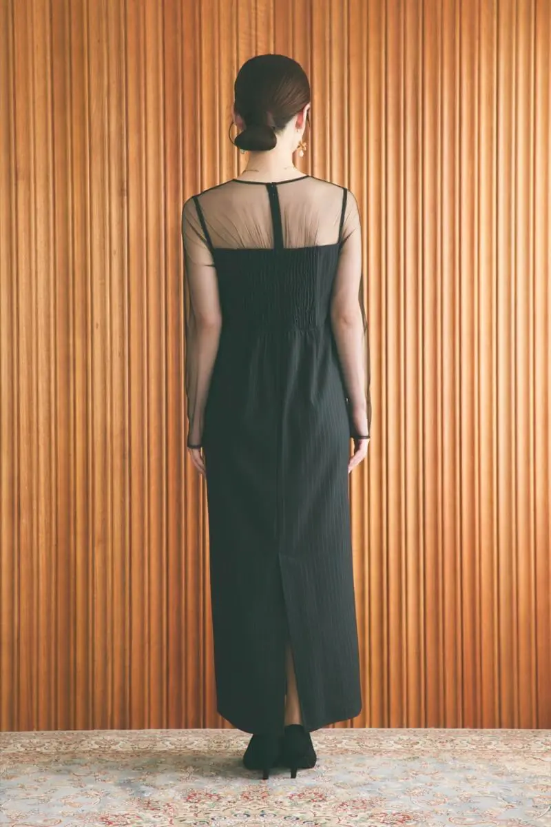 ブラックのフリルビスチェストライプドレス | LE' RURE | M | 結婚式