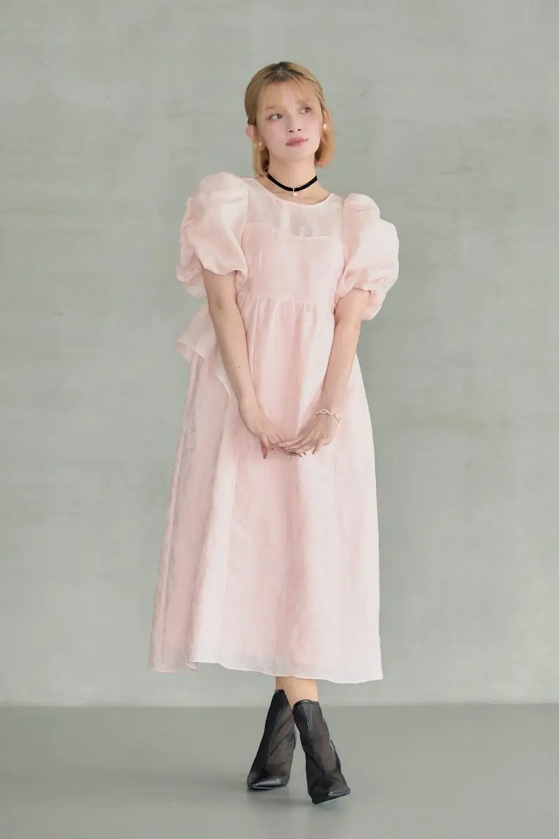 ピンクのバブルスリーブジャガードドレス | ANDRESD | M～マタニティ