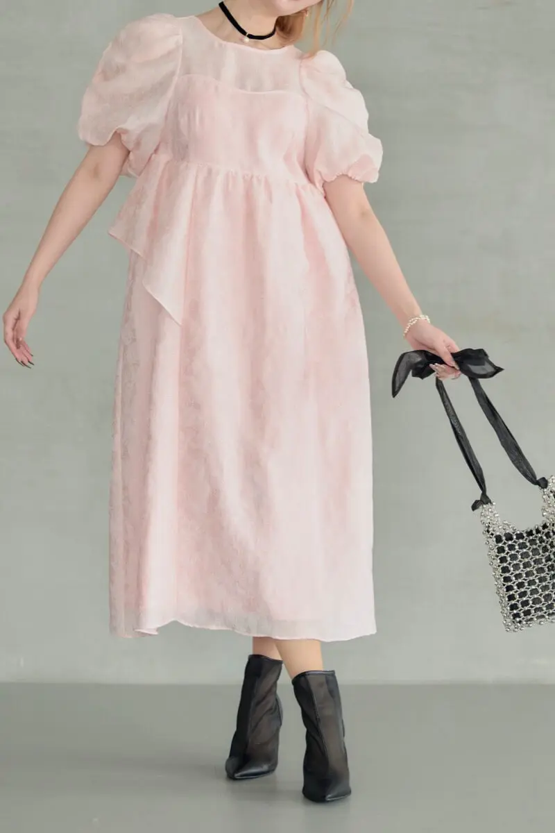 ピンクのバブルスリーブジャガードドレス | ANDRESD | M～マタニティ