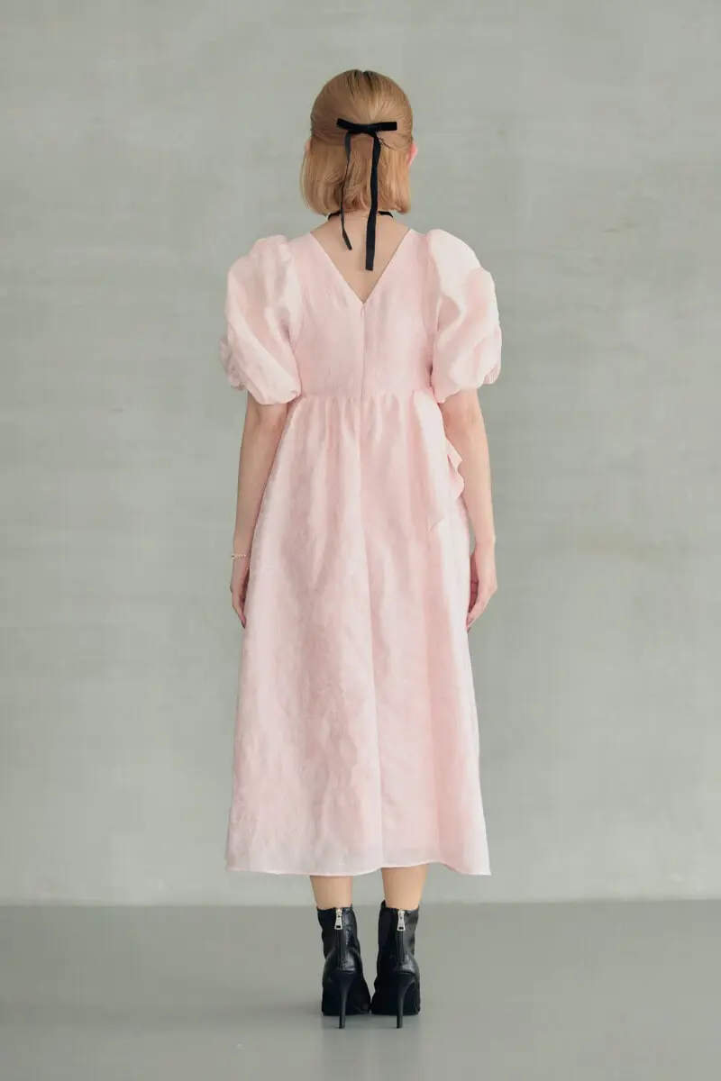 ピンクのバブルスリーブジャガードドレス | ANDRESD | M～マタニティ