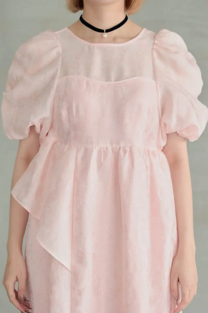 ANDRESD バブルスリーブジャガードドレス　ピンク バブルスリーブジャガードドレス / bubble sleeve jacquard dress