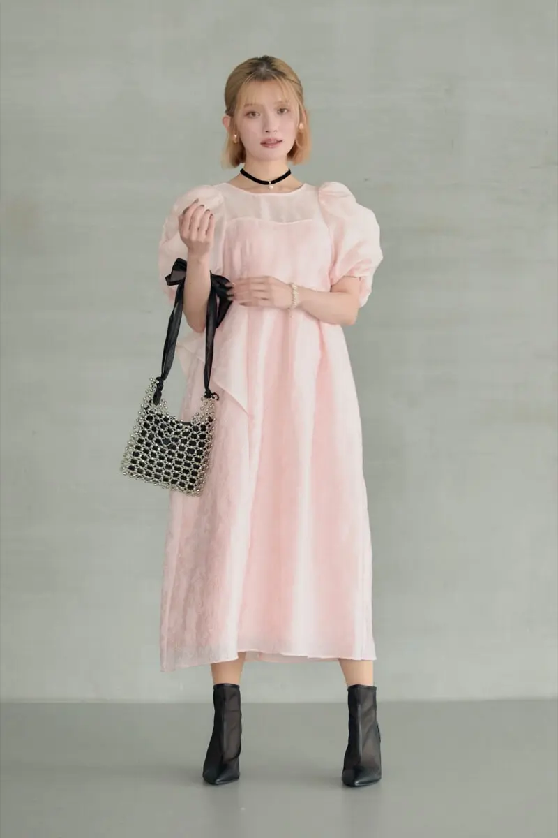 バブルスリーブジャカードドレス ピンク 50251 ピンクのバブルスリーブジャガードドレス | ANDRESD | M～マタニティ