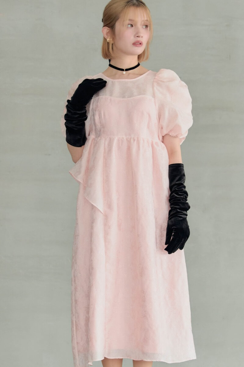 ピンクのバブルスリーブジャガードドレスの商品画像9