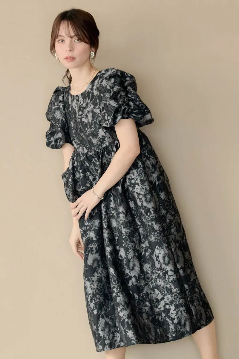 グレーのバブルスリーブジャガードドレス | ANDRESD | M～マタニティ