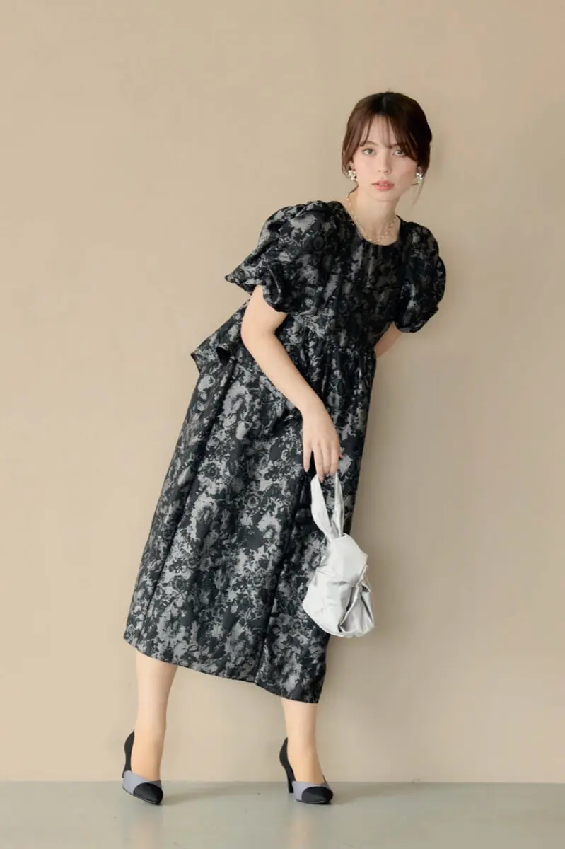 グレーのバブルスリーブジャガードドレス | ANDRESD | M～マタニティ