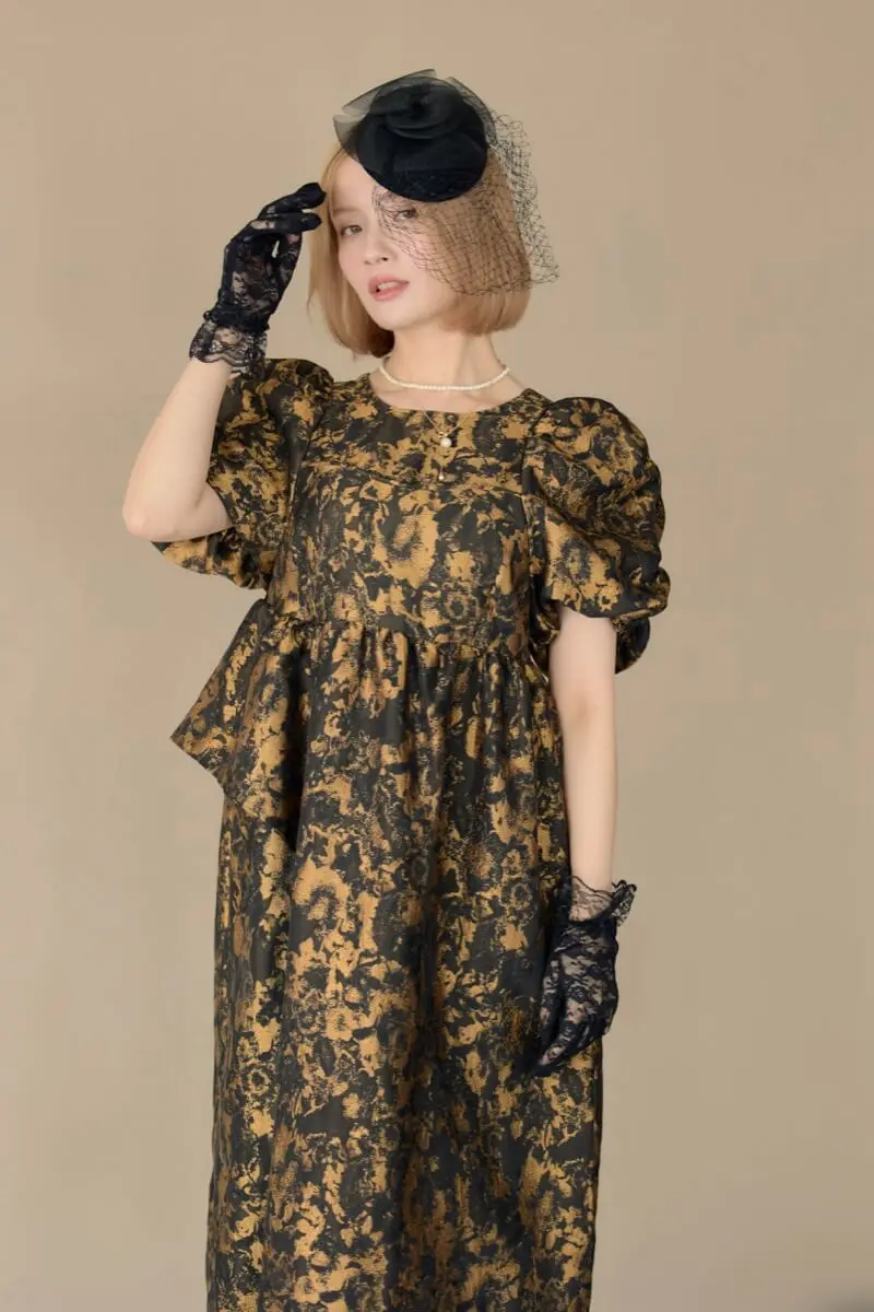 【最終値下げ】ANDREDS バブルスリーブジャガードドレス セール】バブルスリーブジャガードドレス / bubble sleeve jacquard