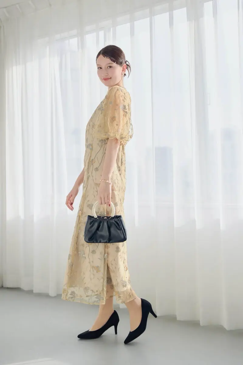 Knuth Marf 背中開きシアードレス M 結婚式 オケージョンドレス イエローのフローラル刺繍シアードレス | metoi | M | 結婚式