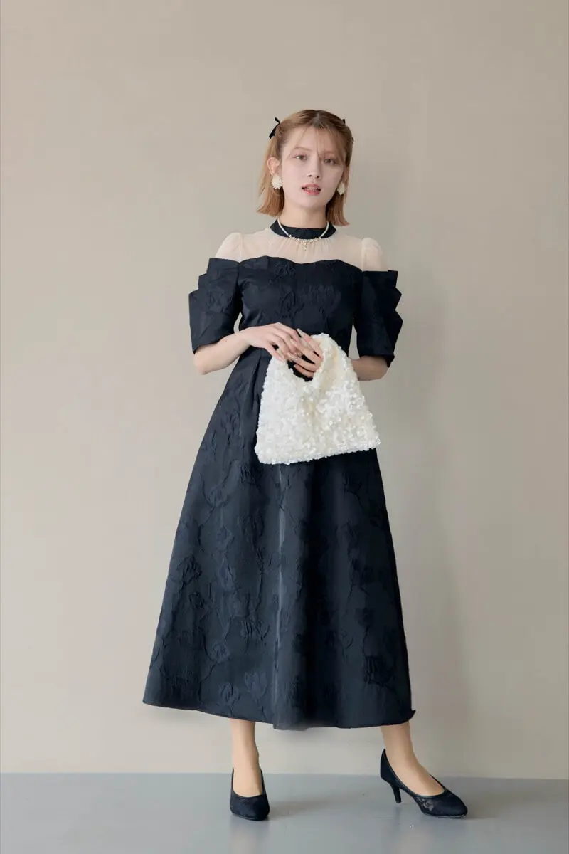 ブラックのフラワージャガードフレアドレス | metoi | M | 結婚式