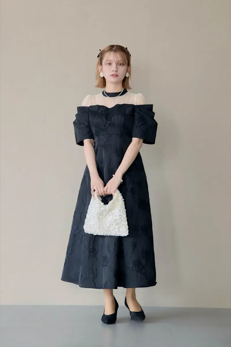 ブラックのフラワージャガードフレアドレス | metoi | M | 結婚式