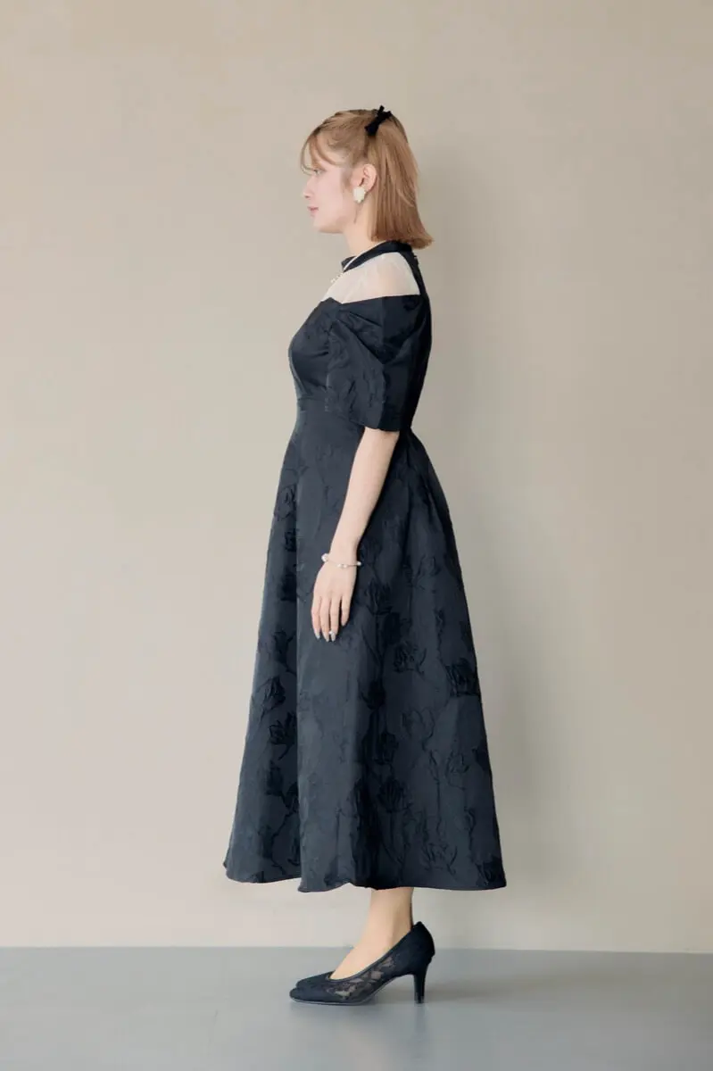 ブラックのフラワージャガードフレアドレス | metoi | M | 結婚式