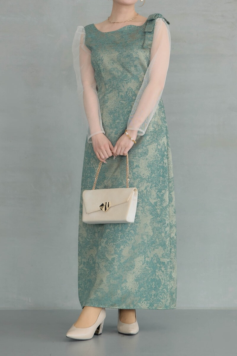グリーンのショルダーリボンジャガードドレスの商品画像11