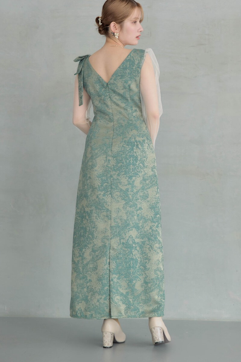 グリーンのショルダーリボンジャガードドレスの商品画像12