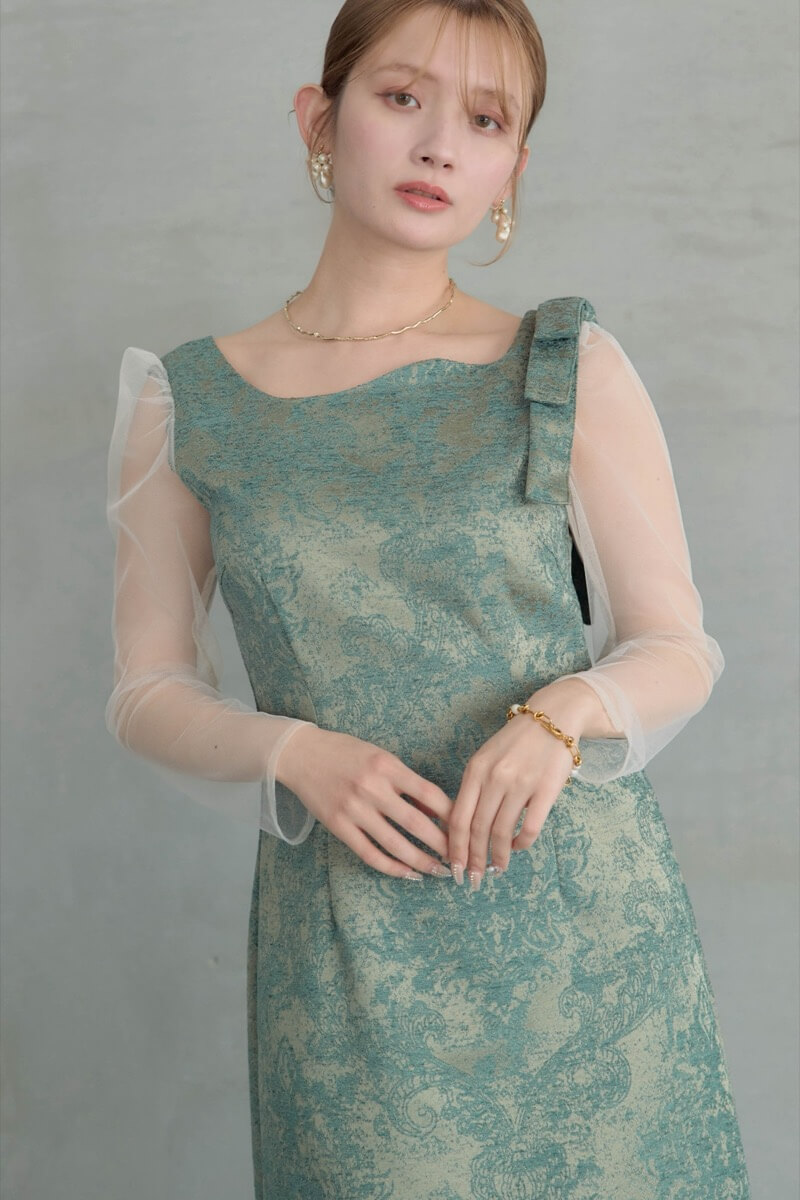 グリーンのショルダーリボンジャガードドレスの商品画像13