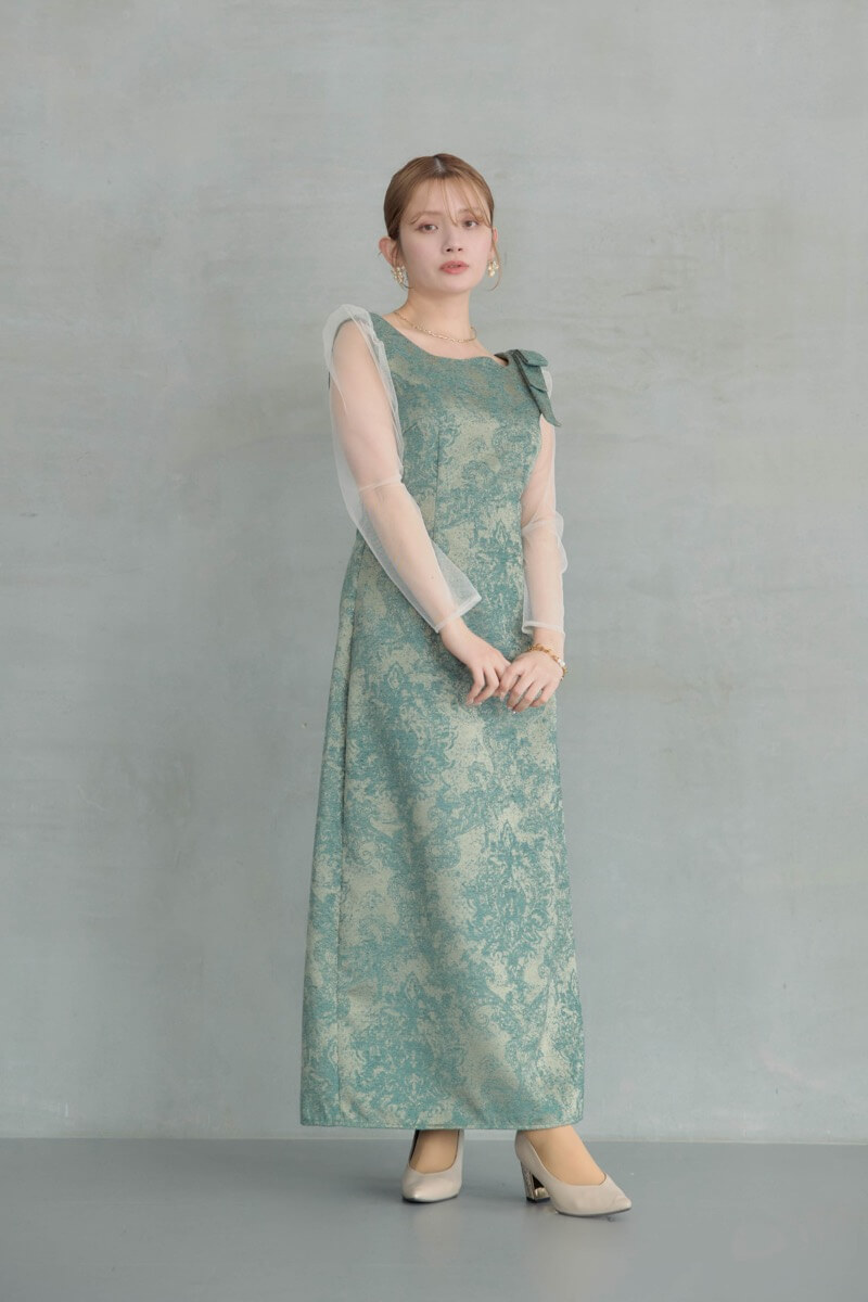 グリーンのショルダーリボンジャガードドレスの商品画像14