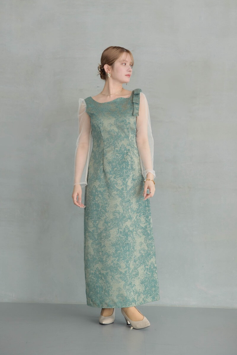 グリーンのショルダーリボンジャガードドレスの商品画像2