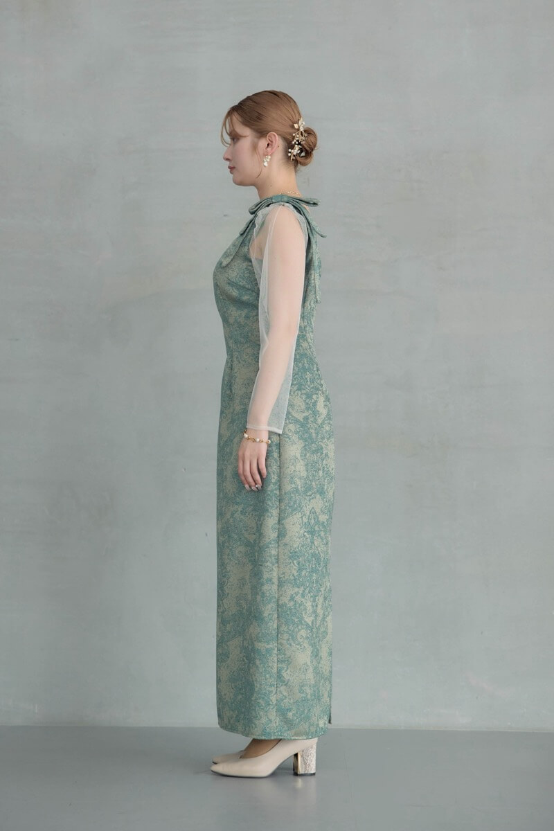 グリーンのショルダーリボンジャガードドレスの商品画像3