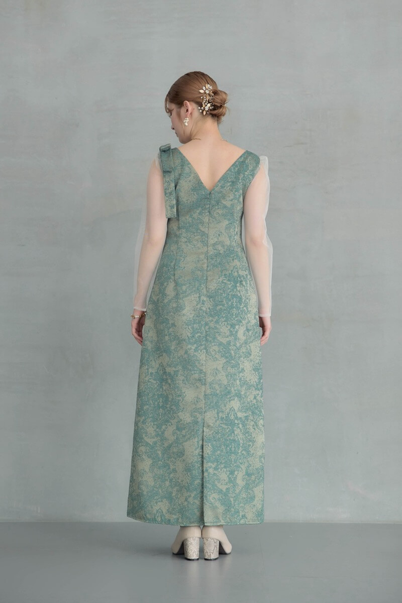 グリーンのショルダーリボンジャガードドレスの商品画像4