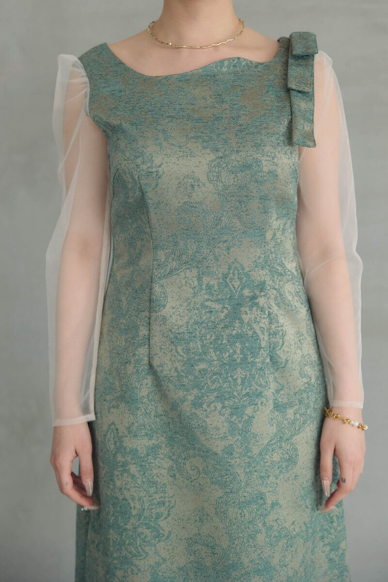 グリーンのショルダーリボンジャガードドレスの商品画像5