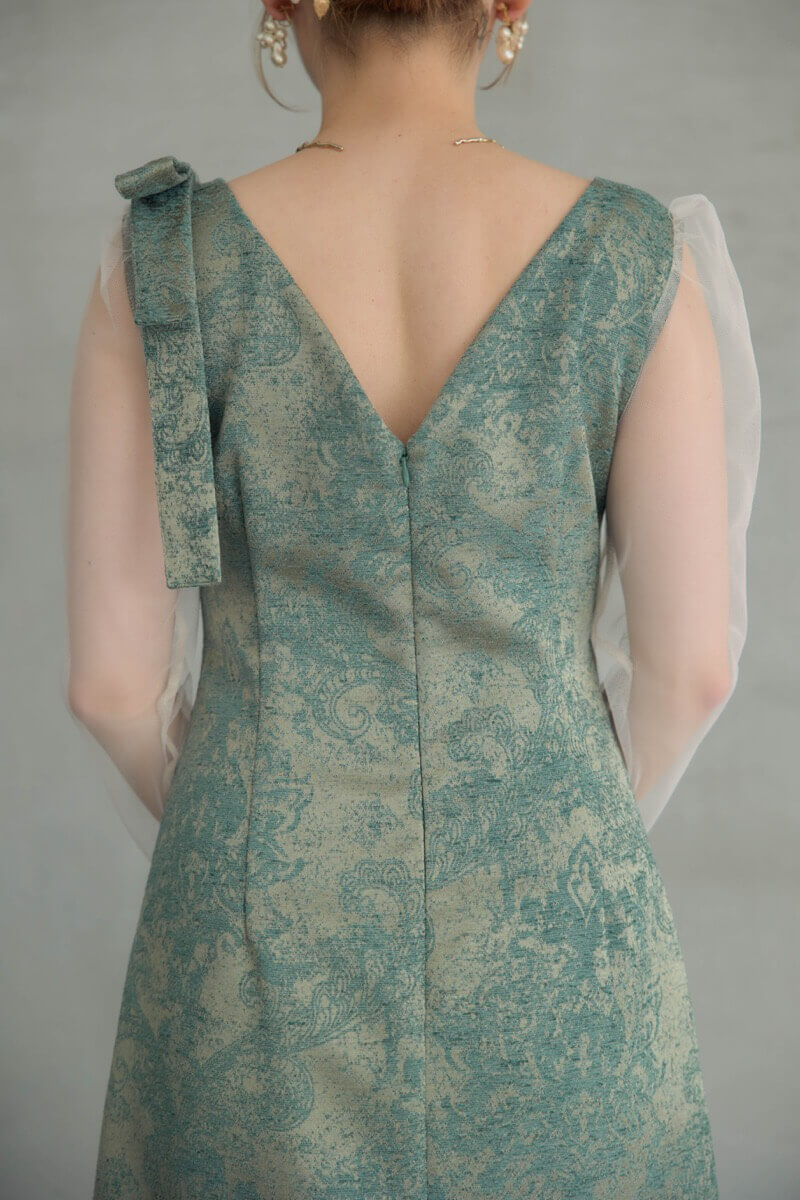 グリーンのショルダーリボンジャガードドレスの商品画像6