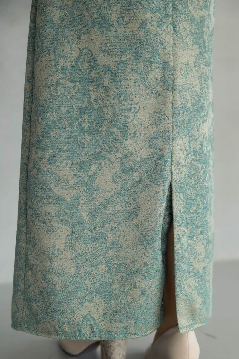 グリーンのショルダーリボンジャガードドレスの商品画像7